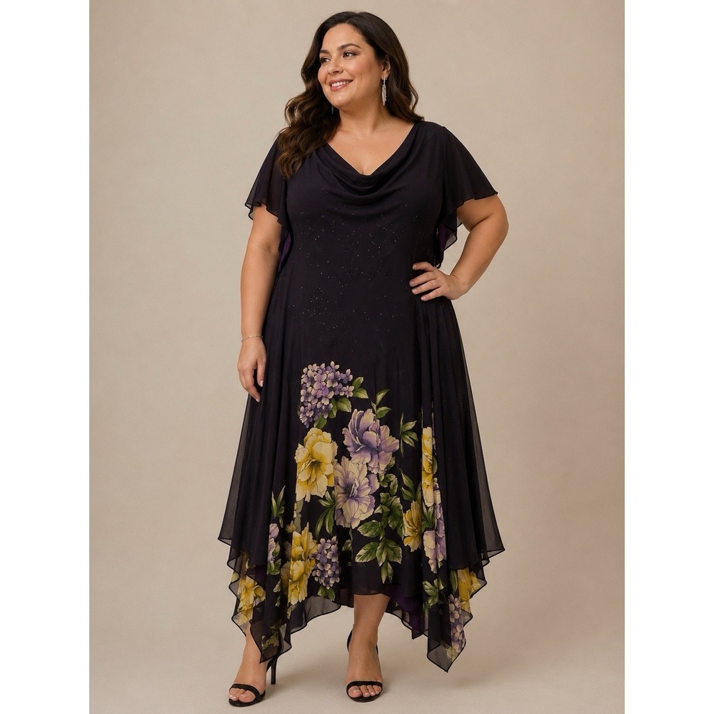 Robbie Bee Midi Floral Chiffon Dress Size 24W Draped Asymmetrical Flowing Party